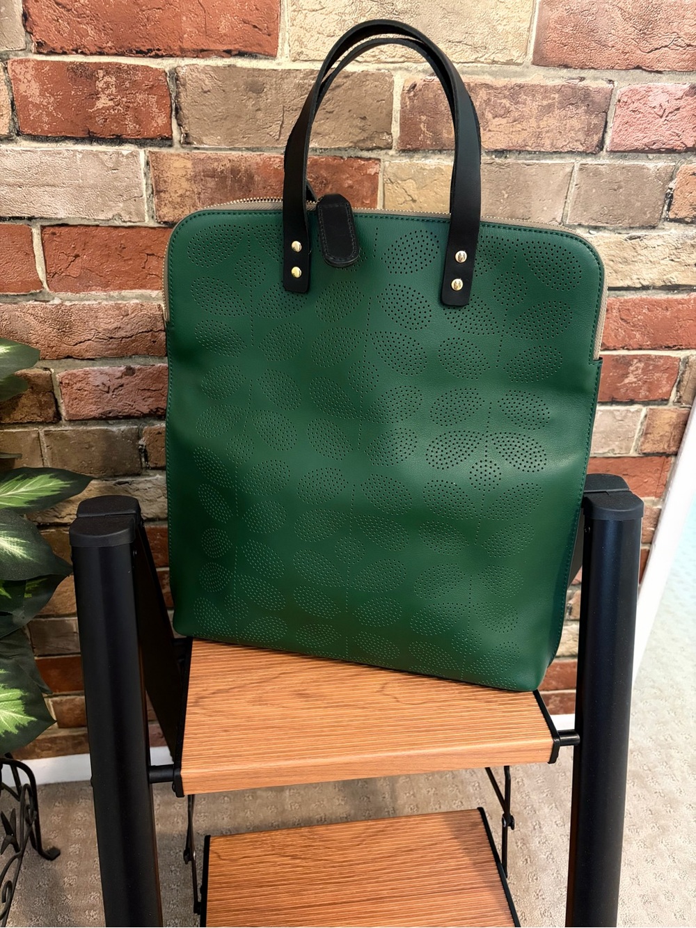 Orla Kiely punched Leather Tote shoulder Bag with Black Handles